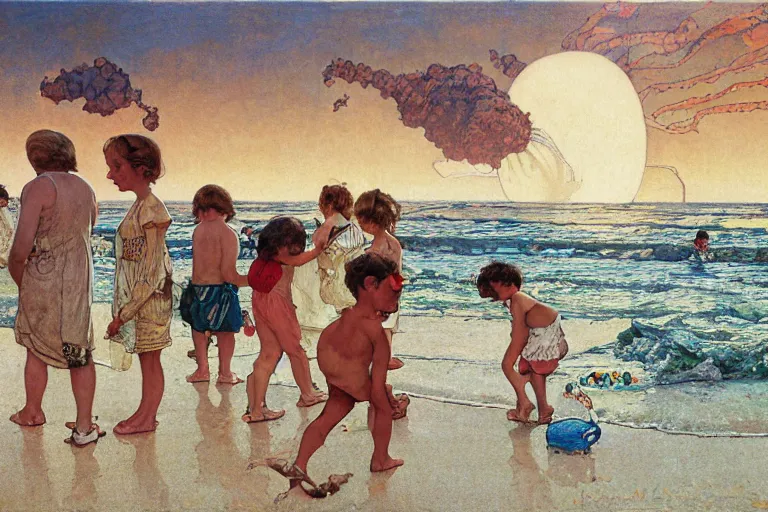 Image similar to kids playing at the beach, huge atomlc explosion in the background, wide angle shot, by norman rockwell, by mattias adolfsson, by alphonse mucha, oil on canvas,