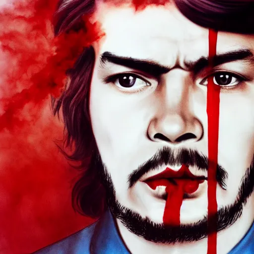 Image similar to colour masterpiece surreal closeup portrait photography of che guevara by miho hirano and annie leibovitz and michael cheval, red and white smoke background, 8 k