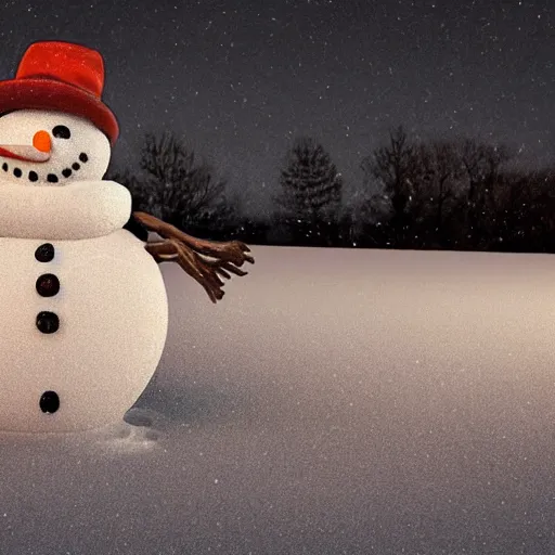 Prompt: a highly detailed 3 d render of a snowman made entirely out of beans on a snowy winter night, lit by a dim streetlight, evocative, profound
