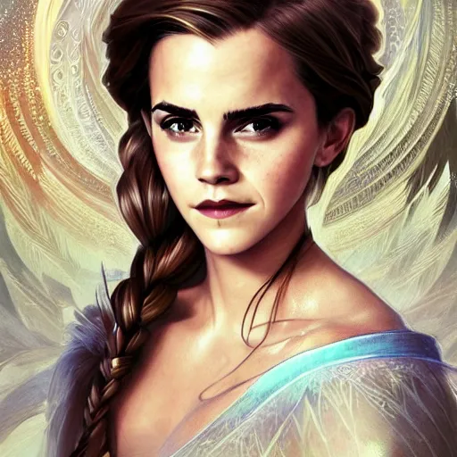 Image similar to portrait of older emma watson as elsa, fantasy dress,, intricate, elegant, highly detailed, digital painting, artstation, concept art, smooth, sharp focus, illustration, art by artgerm and greg rutkowski and alphonse mucha