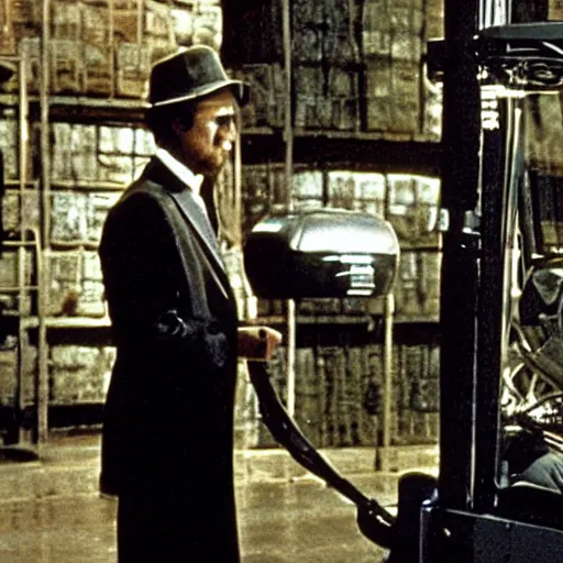 Prompt: cthulhu driving a forklift in a museum, in the movie the godfather