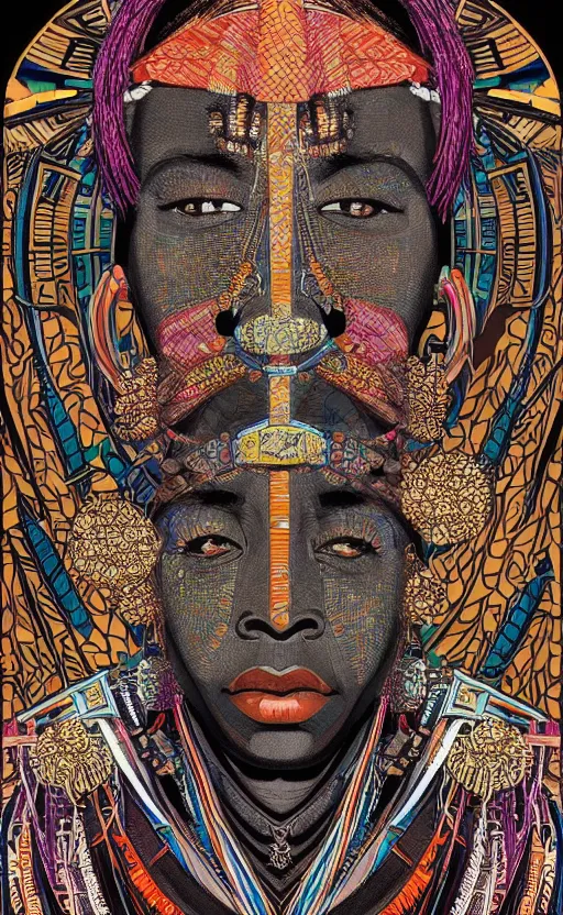 Image similar to upper half portrait of retro futuristic african tribal chief - embellished with vegetation and iridescent crystals, art by utagawa kunisada, highly detailed, digital painting, concept art, illustration, sharp focus, intricate, symmetry, artstation, colourful,