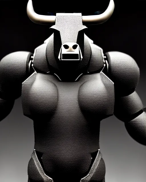 Image similar to a full body shot of an imposing cyborg bull modeled after a bull looking into the camera, contrast lighting, black skin!!!, intricate pattern, hard rubber chest, highly detailed, android, cyborg, full body shot, intricate, 3 d, symmetrical, octane render, fantasy, highly detailed, digital art, artstation, strong bokeh, black face