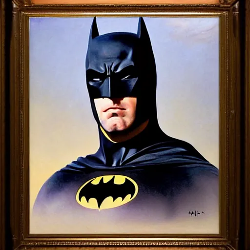 Prompt: Painting of Ben Affleck's Batman wearing his Batman suit in full. Art by William Adolphe Bouguereau. During golden hour. Extremely detailed. Beautiful. 4K. Award-winning.