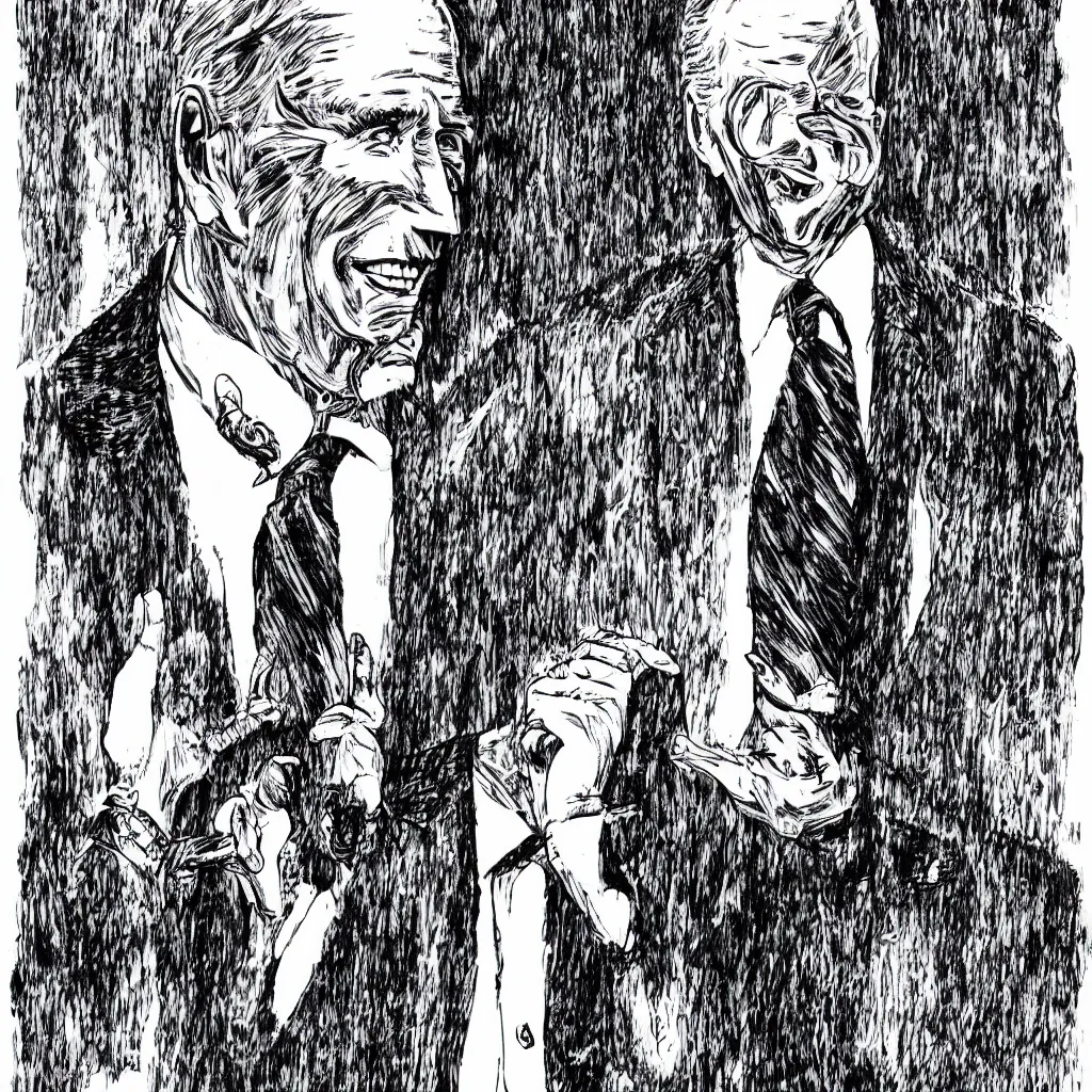 Image similar to Joe Biden full body portrait, body horror, black and white Illustration by Junji Ito