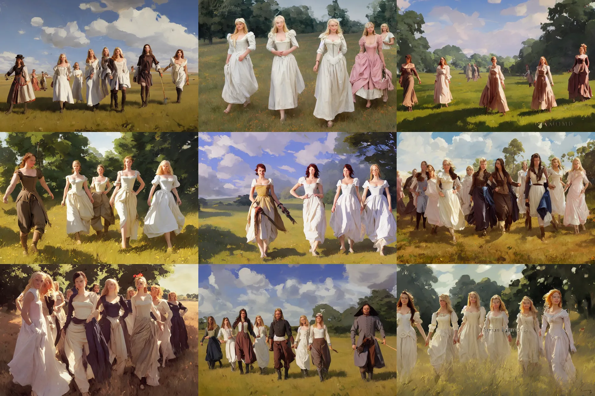 Prompt: a group of finnish norwegian swedish scandinavian attractive glamour models wearing 1 7 th century bodice with low neckline walking in the field in a sunny day, jodhpurs greg manchess painting by sargent and leyendecker, studio ghibli fantasy medium shot asymmetrical intricate elegant matte painting illustration hearthstone, by greg rutkowski by greg tocchini by james gilleard