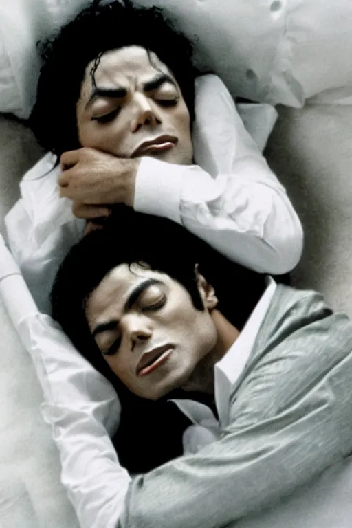 Prompt: film still of michael jackson asleep within a coffin, portrait, 4k