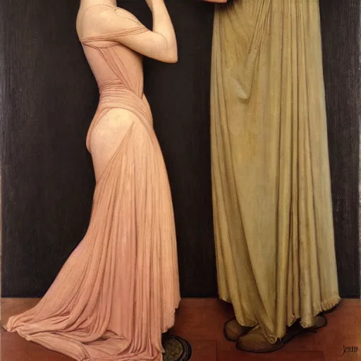 Prompt: a painting of a woman standing next to a man, an art deco painting by Albert Joseph Moore, tumblr, figurative art, art deco, pre-raphaelite, 1920s