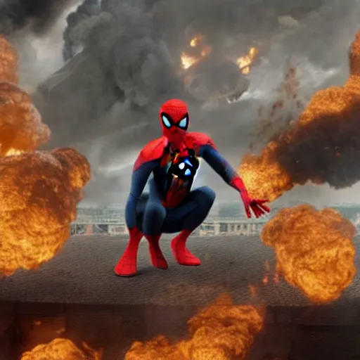 Image similar to spider - man during the hindenburg disaster, 4 k realistic photo