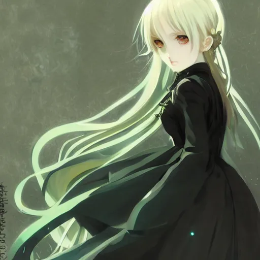 Image similar to victorique de blois anime girl gosick super detailed green eyes green eyes green eyes green eyes black dress black dress black dress black dress blonde hair by greg rutkowski makoto shinkai aramaki shinji artgerm, cushart krenz key art feminine award winning