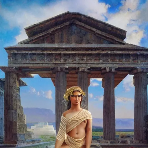 Prompt: young ancient greek godess in helmet, ancient greek temple, by David Ligare, wide angle scifi landscape, hyperrealistic surrealism, award winning masterpiece with incredible details, epic stunning, infinity pool, a surreal vaporwave liminal space, highly detailed, trending on ArtStation, artgerm and greg rutkowski and alphonse mucha, daily deviation, IAMAG, broken giant marble head statue ruins, golden hour