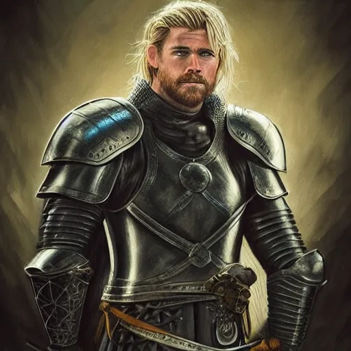 Prompt: a portrait of a medieval knight with a short beard and short blonde hair drawn in the style of tony sart, face of chris hemsworth, trending on artstation, realistic, detailed
