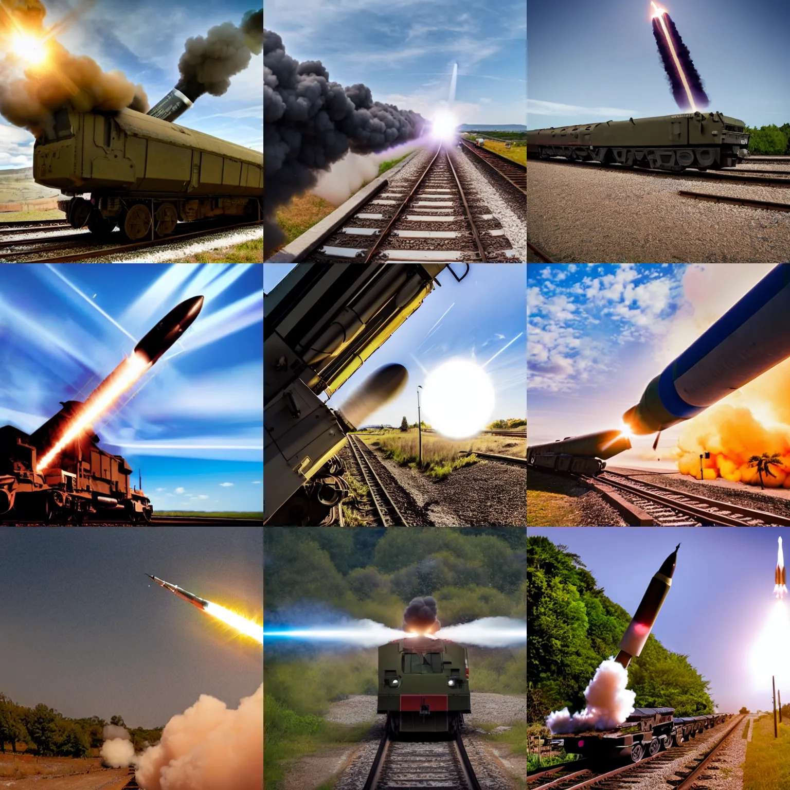 Prompt: a missile is being launched from a military train, a stock photo by peter snow, shutterstock contest winner, video art, wide lens, anamorphic lens flare, stock photo
