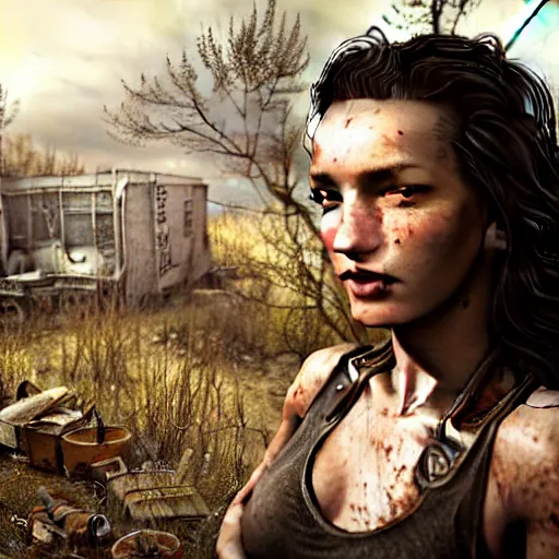 Image similar to fallout 5, charismatic beautiful rugged brunette female protagonist, portrait, outdoors in front of the entrance of vault 1 5 6, atmospheric lighting, painted, intricate, volumetric lighting, beautiful, daytime, sunny weather, slight overcast, sharp focus, deep colours, ultra detailed, by leesha hannigan, ross tran, thierry doizon, kai carpenter, ignacio fernandez rios