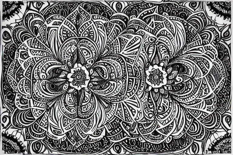 Image similar to black and white sketch, mandala mandorla detailed design, intricate linework by junji ito