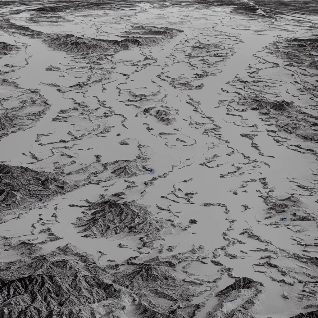 Image similar to Photorealistic epic wide angle satellite picture of furnace creek in Death Valley flooding, cinematic, hyper realism, high detail, octane render, 8k