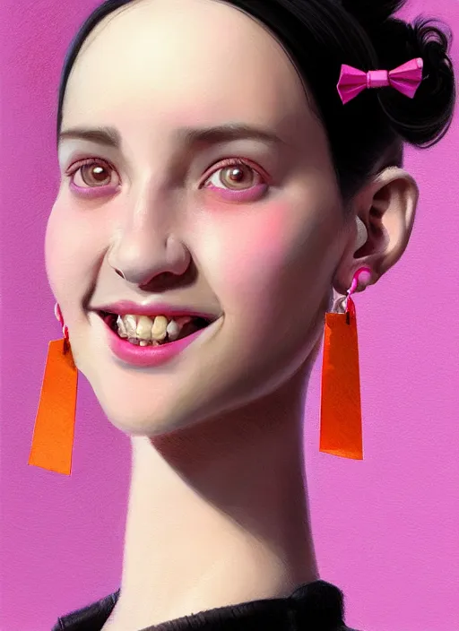 Image similar to portrait of high school girl, realistic, black hair, bangs, half updo hairstyle, pointy nose, skinny, smile, ugly, defined jawline, big chin, pink hair bow, earrings, intricate, elegant, glowing lights, highly detailed, digital painting, artstation, sharp focus, illustration, art by wlop, mars ravelo and greg rutkowski