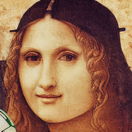 Prompt: Olivia Newton-John holding soccer ball face close-up by Leonardo da Vinci