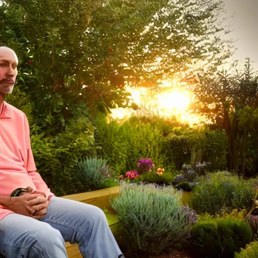 Prompt: My giga Chad dad is smoking weed and have good time being gracefully relaxed in the garden, sunset lighting