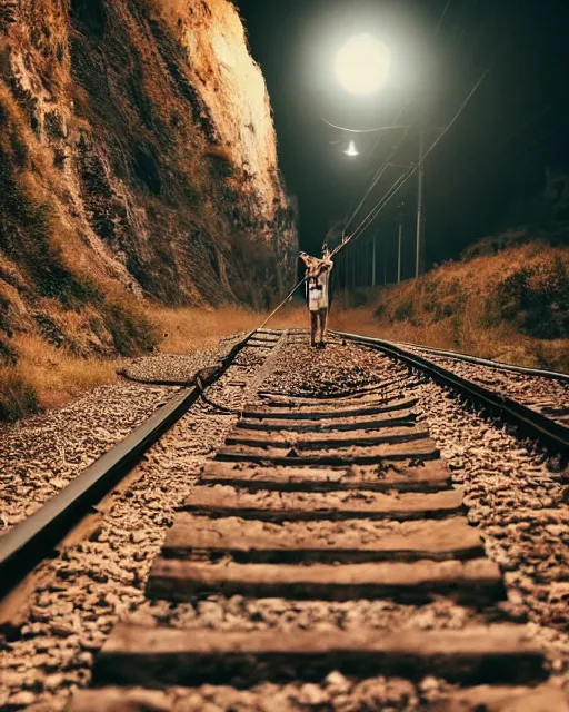 Prompt: justin sun tied with rope to train tracks, beautiful cinematic lighting, epic composition, train headlight