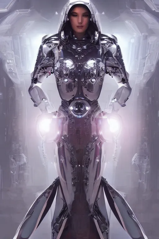 Image similar to beautiful cyborg priestess, scifi, perfect face, futuristic, elegant cape, aura of light, glow, concept art, sharp focus, inside a space ship, trending on artstation, hwang se - on, intricate, advanced technology, art by roman makarenko and simon almeida and marcos melco