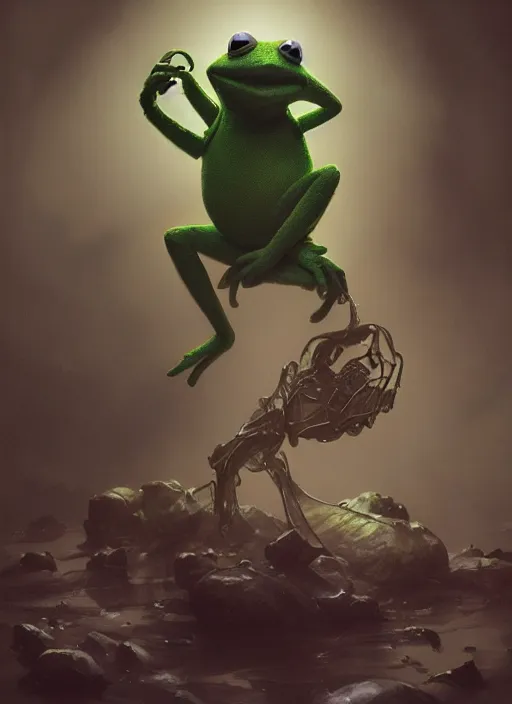 Image similar to a Photorealistic dramatic hyperrealistic render of a beautiful Kermit the Frog by WLOP,Artgerm,Greg Rutkowski,Alphonse Mucha, Beautiful dynamic dramatic dark moody lighting,shadows,cinematic atmosphere,Artstation,concept design art,Octane render,8K