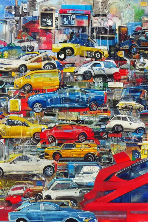 Image similar to car wash, big chain, collage, acrylic on canvas, breathtaking detailed, by mike mcquade