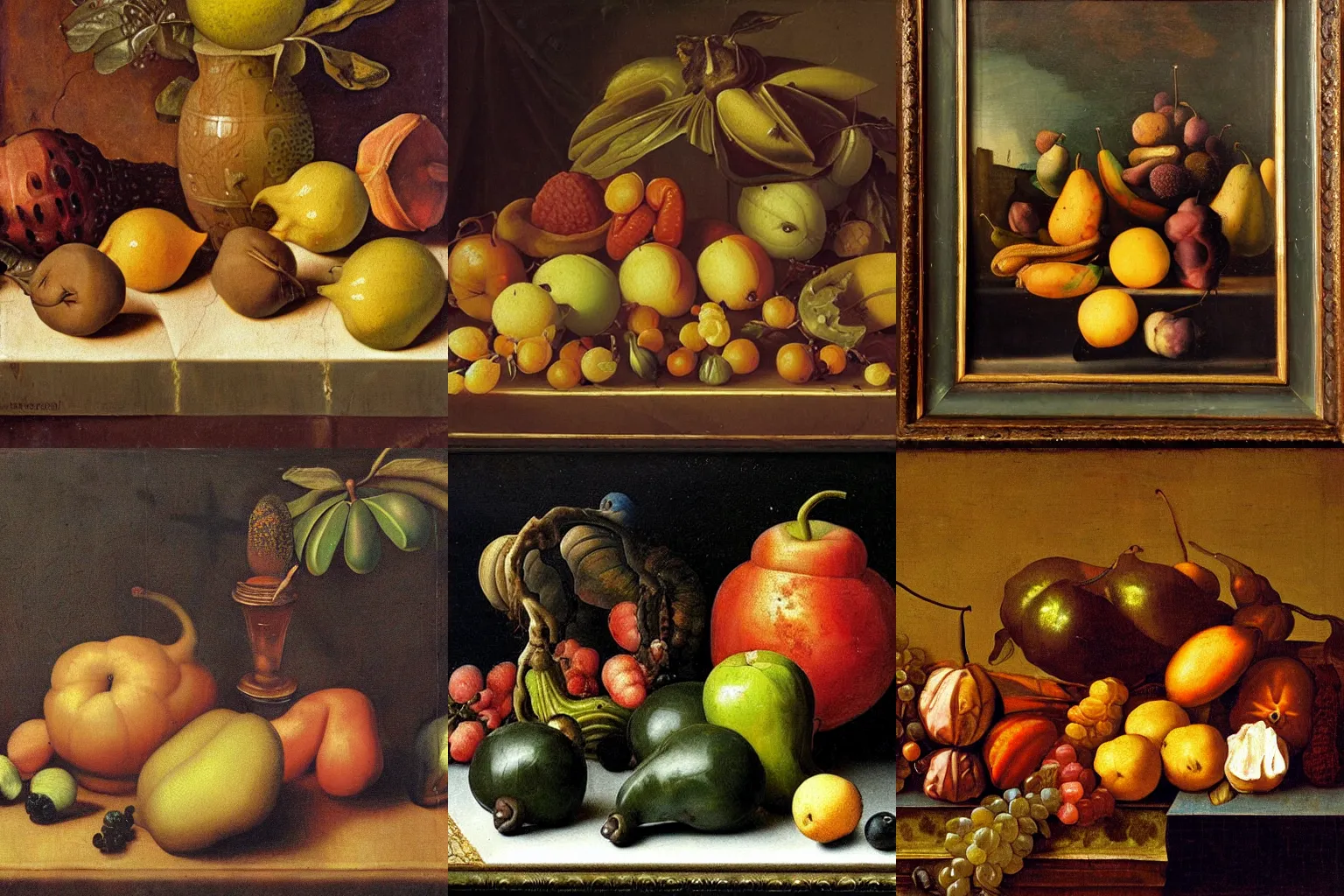 Prompt: Still life Renaissance oil painting of alien fruits