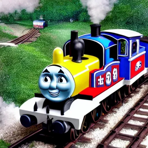 Image similar to hyper detailed photo realistic thomas the tank engine with a white face going fast