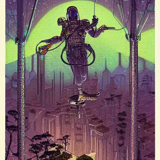 Prompt: Stunningly intricate illustration of single cyberpunk explorer overlooking lush forest, highly detailed, midnight, small glowing orbs by Moebius,