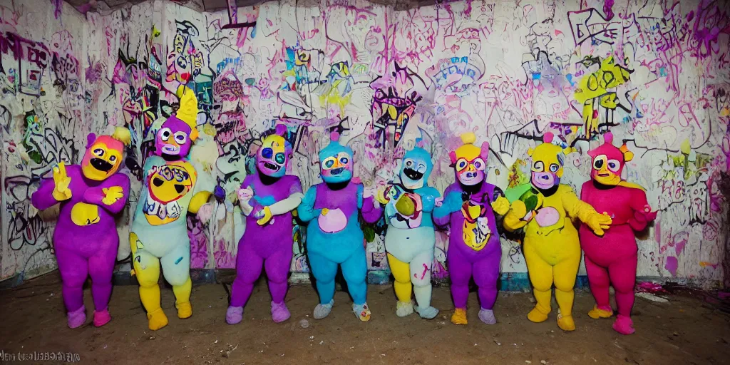 Image similar to Juggalo Teletubbies band photoshoot inside abandoned dollhouse, 1980s surrealism aesthetic, detailed facial expressions, graffiti on the walls and ceiling