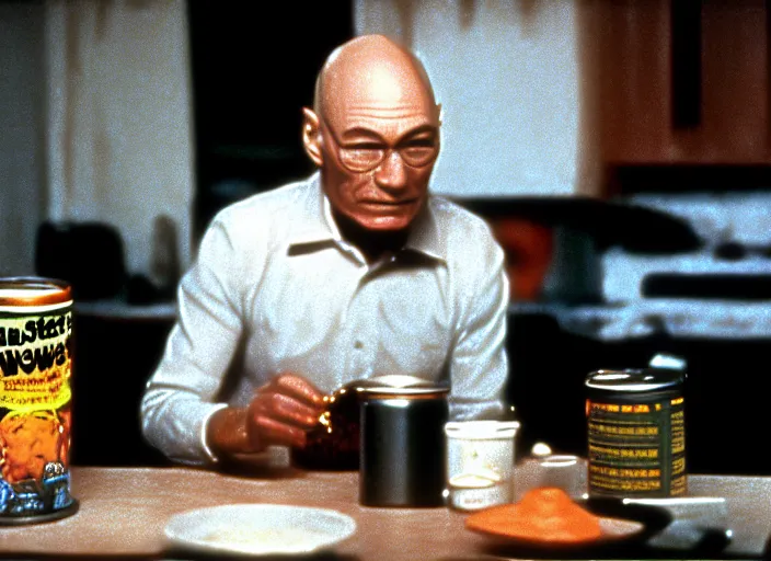 Image similar to a scene from a 1 9 8 2 s halloween iii, patrick stewart is eating from a can of beans, vhs distortion, cathode ray tube distortion, folk horror, hauntology, 8 k, 8 5 mm f 1. 8, studio lighting, rim light, right side key light