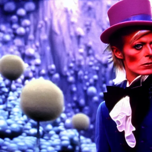 Prompt: stunning awe inspiring David Bowie as Willy Wonka 8k hdr movie still amazing lighting