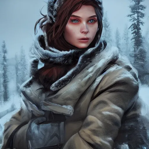 Prompt: A comic book style portrait painting of a stunning young woman ranger in a post apocalyptic winter landscape, unreal 5, DAZ, hyperrealistic, octane render, RPG portrait, ambient light, dynamic lighting