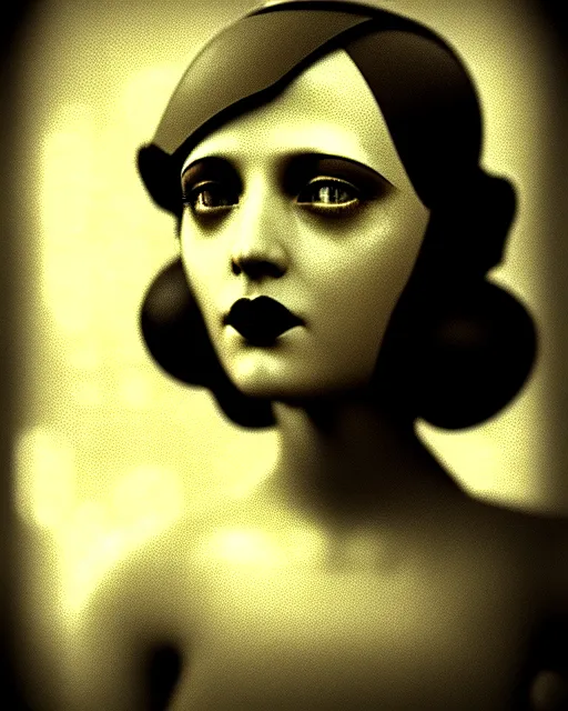 Image similar to tintype dreamy young beautiful female artificial intelligence, metropolis, cinematic, rim light, bokeh, photo - realistic, elegant, high detail, 8 k, masterpiece, photo taken in 1 9 3 0