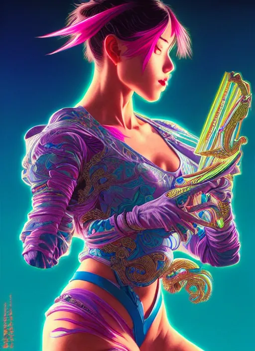 Image similar to hyper detailed ultra sharp of a beautiful ninja girl. trending on artstation, vaporwave aesthetic, synthwave, colorful, psychedelic, ornate, intricate, digital painting, concept art, smooth, sharp focus, illustration, art by artgerm and greg rutkowski and alphonse mucha, 8 k