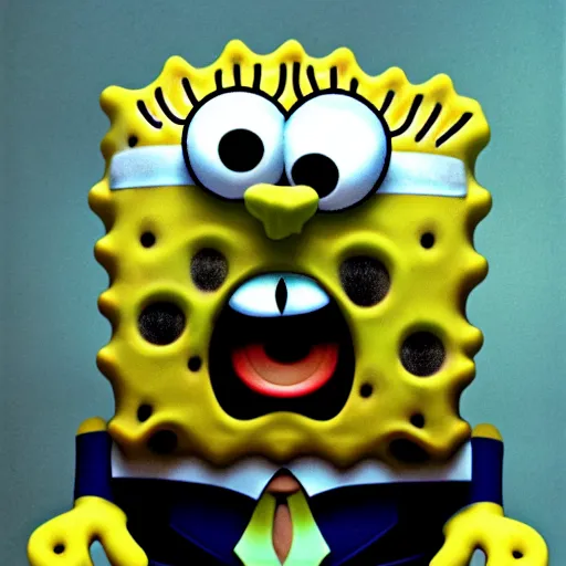 Image similar to demented creepy spongebob, scary, horror, gloomy, dark, terrifying, terror, frightful, realism, poloroid photo, old,