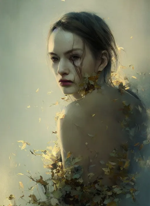 Image similar to golden leaves, beautiful portrait painting by jeremy mann, a female witch absurdly beautiful, elegant, ultrafine hyperrealistic detailed face illustration by wlop and artgerm and greg rutkowski, intricate linework, sharp focus, smooth, octopath traveler, final fantasy, unreal engine, dramatic lighting, ethereal, 8 k