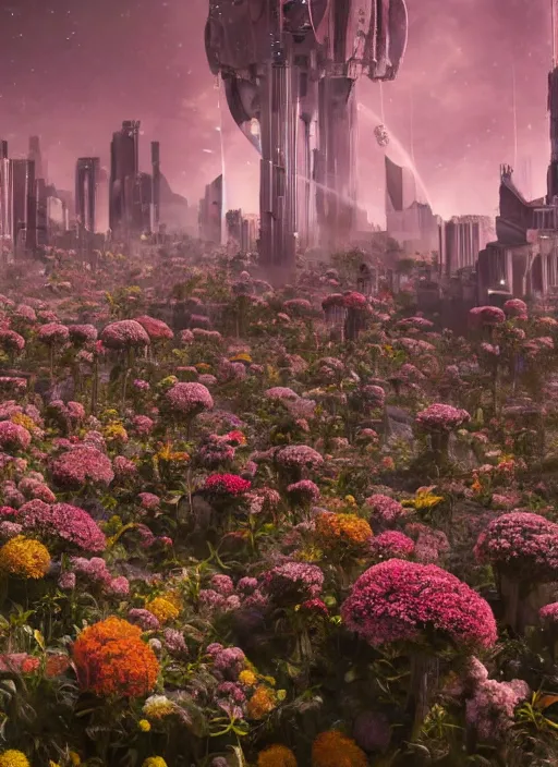 Image similar to A dystopian future in a city covered in flowers from an alien planet in another solar system, evil, demonic, echanting, angelic, flowers, nature, city, symmetry, environment concept, cinematic, Rendered in Octane, trending on artstation, cgsociety, moody lighting rendered by octane engine, environment 8K artstation, cinematic lighting, intricate details, 8k detail post processing, hyperealistic, octane render, photo realism, visually inspired by Blade Runner 2049