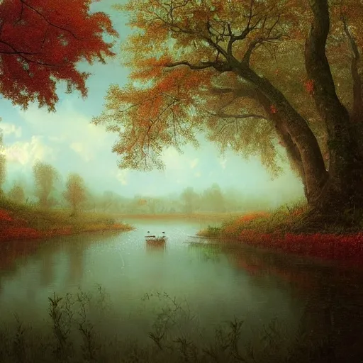 Image similar to A beautiful painting of the wind blowing leaves off a tree in the middle of an empty serene landscape with a river flowing in the distance, cloudy, rainy, ultra realistic, by Albert Bierstadt and Gediminas Pranckevicius