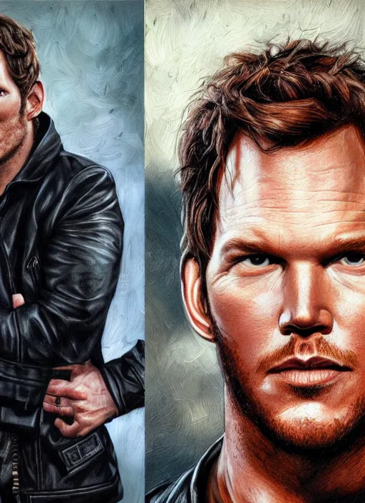 Prompt: portrait of chris pratt, very serious, gritty, dark, wearing a black leather jacket, hyperrealistic, very detailed painting by Glenn Fabry, by Joao Ruas, by Artgerm