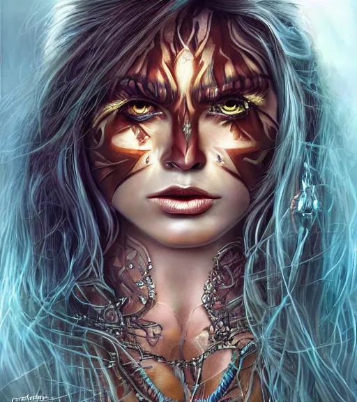 Image similar to a higly detailed airbrush full body shot and face portrait painting of a stunning female sorceress with piercing eyes beautiful eyes, dynamic lighting, ambient lighting, deviantart, art by simon bisley