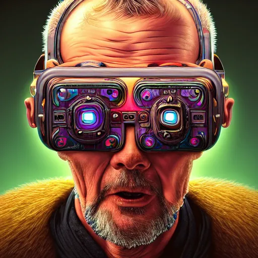 Image similar to Colour Photography of 1000 years old man with highly detailed 1000 years old face wearing higly detailed cyberpunk VR Headset designed by Josan Gonzalez Many details. Man raging screaming . In style of Josan Gonzalez and Mike Winkelmann andgreg rutkowski and alphonse muchaand Caspar David Friedrich and Stephen Hickman and James Gurney and Hiromasa Ogura. Rendered in Blender