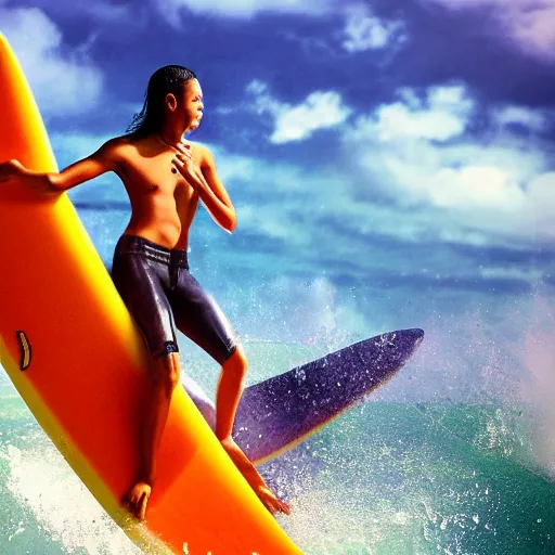 Prompt: Hawaiian teenager surfing waves, realistic, photo studio, HDR, 8k, trending on artstation