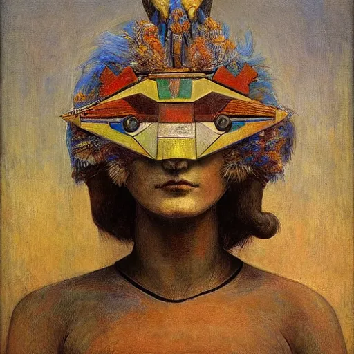 Image similar to the young robot goddess with her feathered bird mask, by annie swynnerton and diego rivera and elihu vedder, symbolist, dramatic lighting, elaborate geometric ornament, head and shoulders view, art brut, soft cool colors, smooth, sharp focus, extremely detailed, adolf wolfli