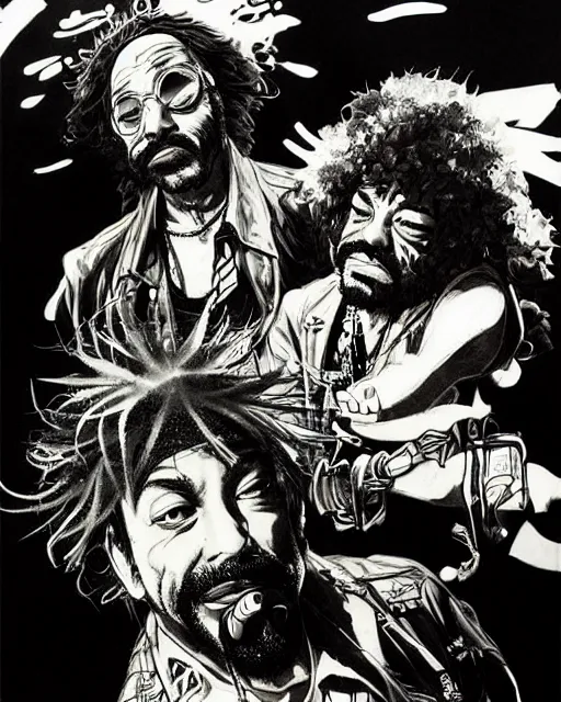 Image similar to portrait of cheech and chong smoking weed, concept art, sumi - e style, intricate linework, artstation, trending, highly detailed, smooth, focus, art by yoji shinkawa,