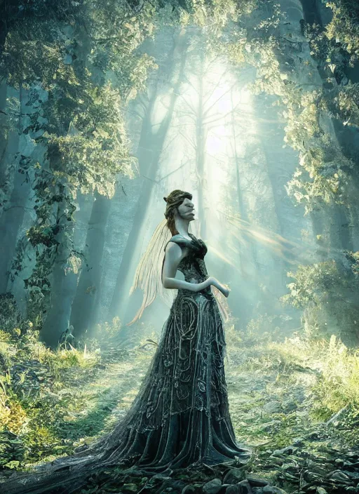 Image similar to beauteous sumptuous, gothic full body elegant pose, crystalline masterpiece incrustations, by victoria frances, hyperdetailed metalwork, movie still, intricate, octane render, cinematic forest lighting, unreal engine, crepuscular rays, god rays