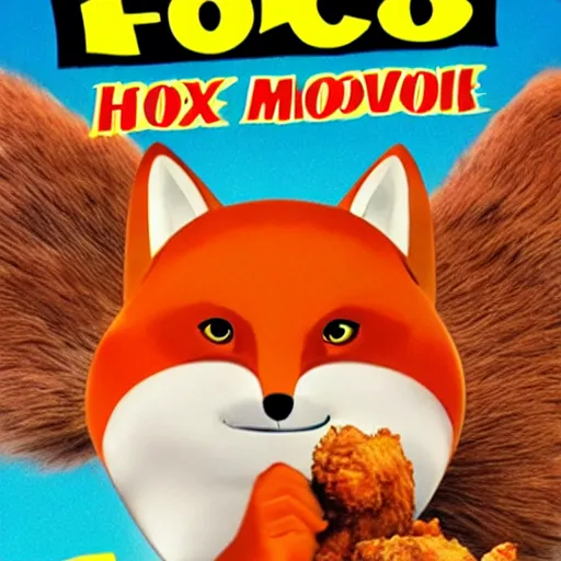 Image similar to comedy movie poster featuring an anthropomorphic fox wearing a white suit, fried chicken in the background, promotional media