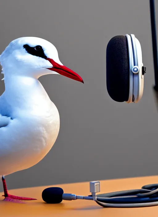 Image similar to arctic tern and seagull with headphones on their heads in front of a microphone recording a podcast in the studio, illustration, 8 k