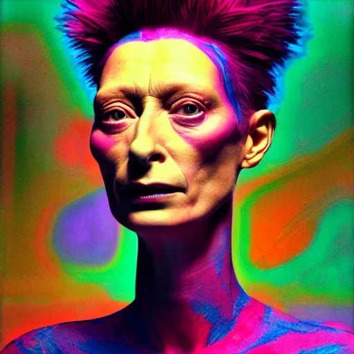 Image similar to a realistic octane render physically based rendering punk neon tilda swinton, trending on artstation, by archan nair and marlene dumas, intricate details, flowers, in the style of frank auerbach, in the style of martin ansin, in the style of david aja, by kandinsky